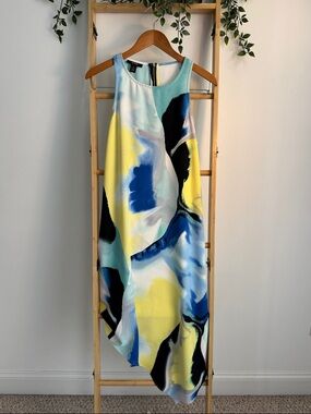 Alfani Asymmetrical Abstract Painted Vision Swing Dress in Blue, Yellow & Black